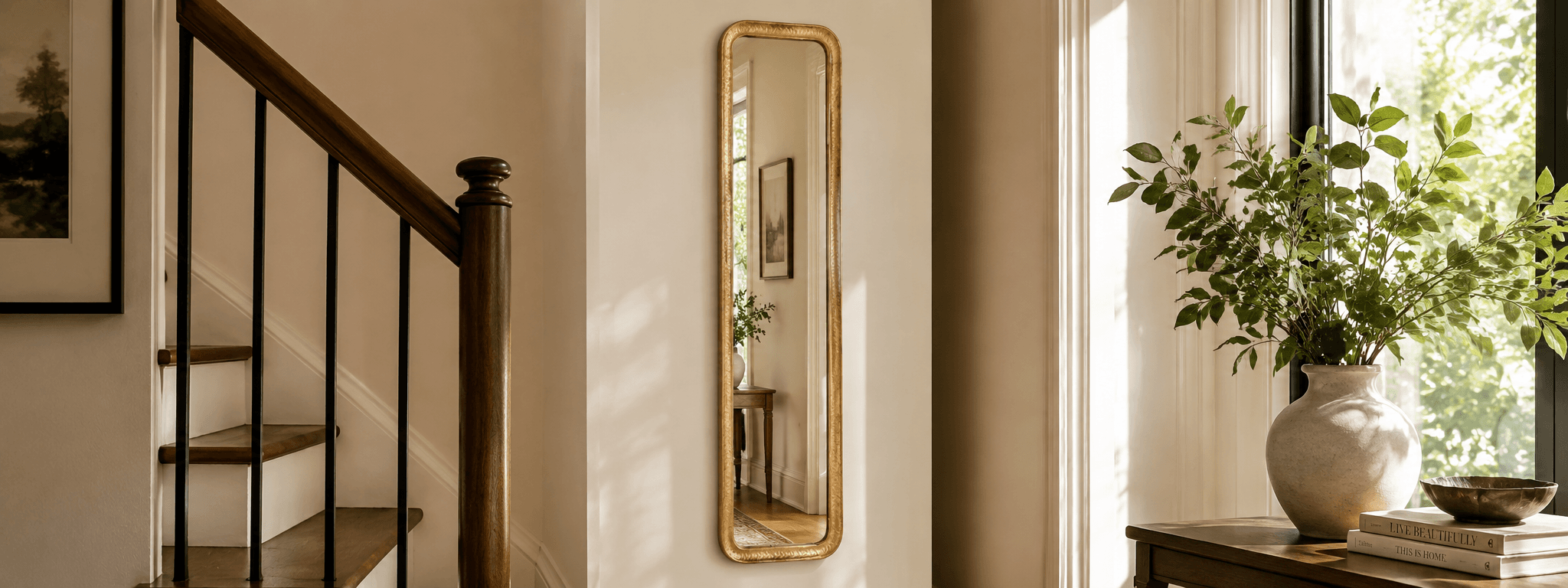 Long narrow decorative mirror in an American home setting